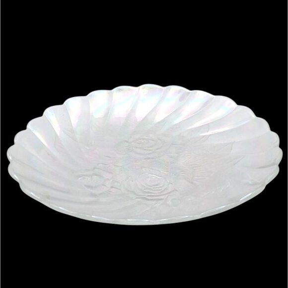 Iridescent Clear Carnival Glass Rose Round Swirl Scalloped Rainbow Platter - Picture 3 of 7